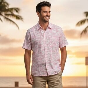 Retroline Button Up Shirt Mens Size M 15 1/2 Pink Short Sleeve Geometric Outdoor